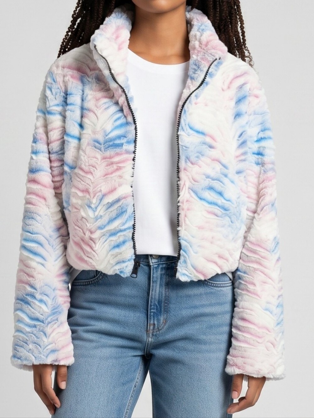 Liquid Dreams Art Faux Fur Hooded Zip Reversal Jacket /Pink & Blue Swirl.. Small